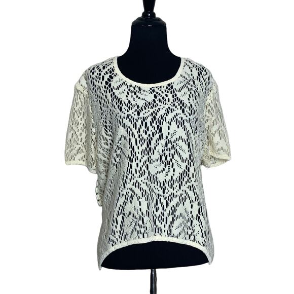 Cream sheer floral short sleeves eyelet blouse size large - Picture 1 of 7